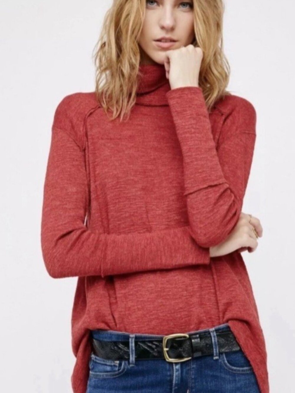Free People We The Free Split Back Draped Turtleneck Pullover Top Rust Red M